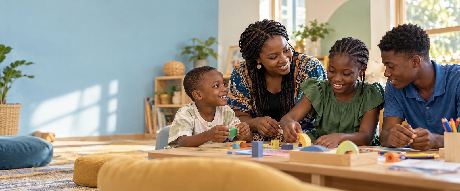 An adult and three children of different ages smiling as they play with colourful building blocks at a low table.