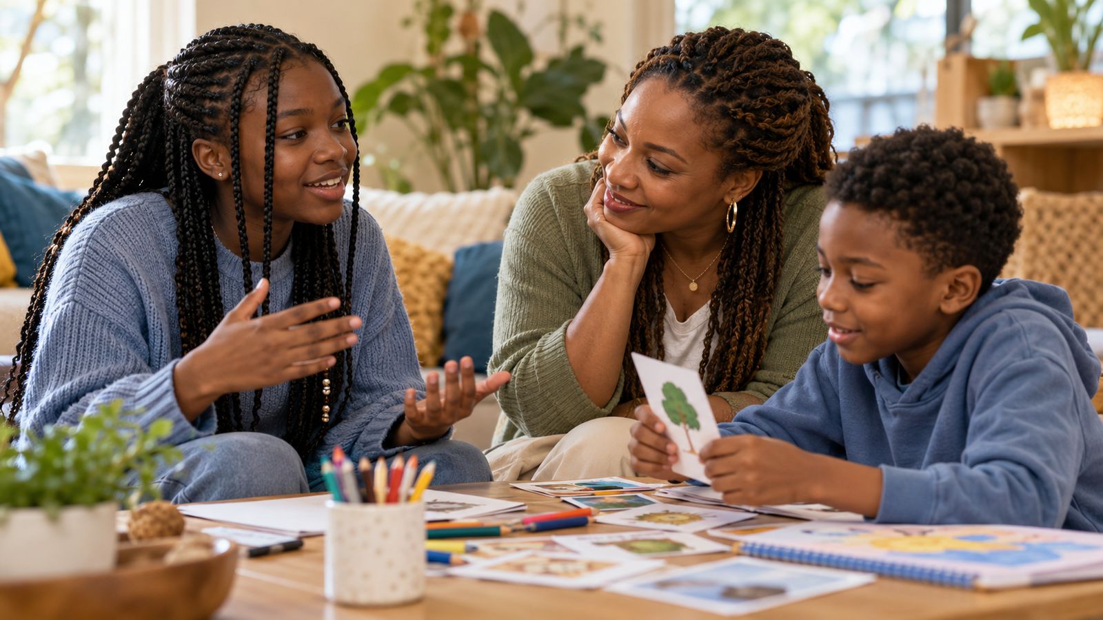 A teenage girl talking while an adult listens warmly and a younger boy looks at a picture card.